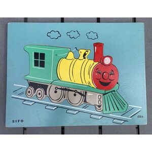 Vintage childs 7 pc wood jigsaw puzzle Sifo train engine red face yellow green